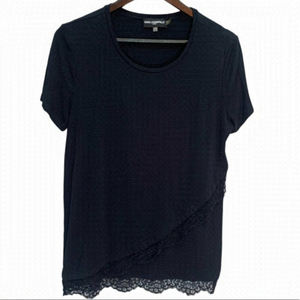 𝅺karl Lagerfeld Black T-Shirt Top Lace Hemline with Crossover Detail Size…